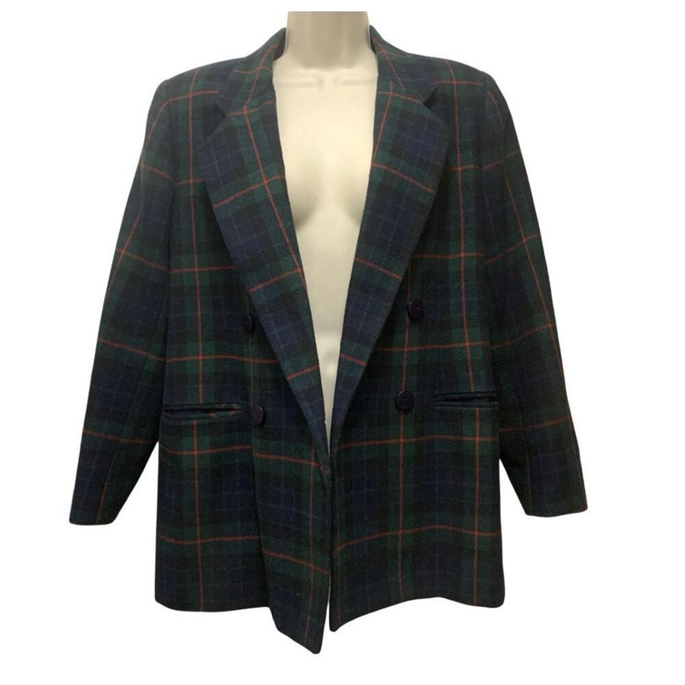 Vintage Tartan Plaid Blazer Wool Blend Sz 10P 90s Heritage Navy Green Kim Rogers